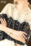 Lace Summer Print Blouse Loose Women Hollow Crochet Splice Sexy Shirt Lady Casual Short Sleeve O Neck Tops Female