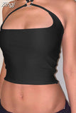 Women Vest Clubwear Criss-Cross Ring Patchwork Low Cut Elastic Strap Vest Crop Tops Hollow Backless Tight