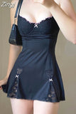Strappy Satin Ruched Black Dress Mini Lace Spliced Side Split Sexy Dress Female Sundress Backless Ladies Dresses