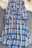 Vintage Women Printed Dress Female Elegant Stand Collar Lantern Long Sleeve High Waist A-Line Midi Vestidos New