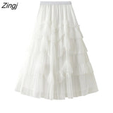 Tulle Purple Green Long Skirts Womens Korean Style Solid High Waist A-Line Tutu Skirt Female Mesh Pleated Maxi