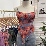 Shoot 辣tie Bra Irregular Sling Sling Vest Slimming Print Mesh Sleeveless Top