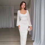 2025 New Women's Folds Solid Color Waist Temperament Fashion Dress