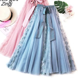 Tulle Pleated Skirt Women Sweet Korean Bow Lace Up Long Skirt Female Spring A-Line Elastic High Waist Skirt Faldas