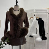 Real Shooting Babes V Collar Hair Spliced Knitted Cardigan Women Autumn And Winter Decoration Slim Coat Temperament Coat