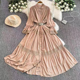 Elegant Dress Women Spring And Autumn French Retro Collar Lace Lace To Receive Waist Single Buckle Swoon