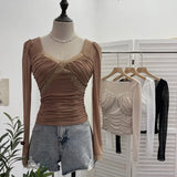 Pure-Want Wind Belt Chest Mat Lace Splicing Mesh Yarn Long-Sleeved T-Shirt Short Slim Top
