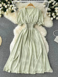 Vintage Green/Yellow/Blue/Beige Short Sleeve Long Dress Women Elegant V-Neck High Waist A-Line Maxi Vestidos New