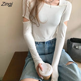 Sleeve T-shirts Women Simple College Slim Sexy Hollow Out Elegant Fashion All-match Solid Female Crop Tops New Korean