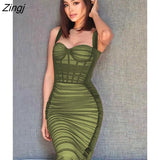 Suspenders Bodycone Ruched Slim Mid Dress Women Sexy Solid Backless Herringbone Dress Spring Summer Partywear