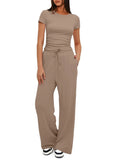 Suit Folding 2025 New Solid Short-Sleeved Top High-Rise Broad Leg Pants