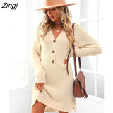PETAL Beige V-neck Sweater Dress For Woman Sexy Button Long Sleeve Mini Dress 2023 Autumn Winter Casual Loose