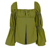 Zingj Autumn New Sweet French Square Collar Pleated Horn Sleeve Design Sense Top Women's