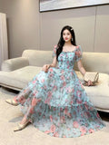 Gentle Wind And Rags Retro Tea Chiffon Dress Female Waist Temperament Shoulder Bubble Sleeve Mesh