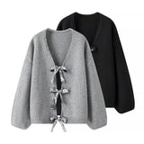 2025 New Women's Sequins Bow Ornaments Loose Knit Sweater Cardigan W091