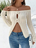 Style Open Fork Umbilion One-Word Three-Dimensional Flowers Hollow Knitting Top Pure Desire To Repair Breathable