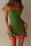 Women Spaghetti Straps Mini Dress Dots Print Contrast Color Slim Fit Summer Short Dress for Club Party Streetwear