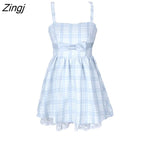 Vintage Blue Plaid Dress Women Lace Kawaii Elegant Party Mini Dress Female Bow Korean Style Sweet Strap Dress Autumn
