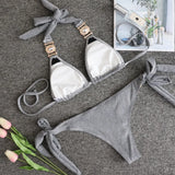 Zingj Sexy Shiny Special Fabric Swimwear Crystal Diamond Bikini Gold Straps Women's