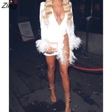Sexy See Through Sequin Mesh Patchwork Dresses Women Deep V White Feather Mini Party Dress Ladies Nightclub