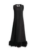 Spring 2025 New Fashion Temperament Round Neckless Loose Loose Solid Color Feather Splicing Design Long