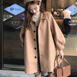 Blends Women Khaki Fall Retro Single Breasted Pure Wide-waisted Lantern Sleeve Lady Coats Casual Clothing All-match