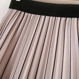 Spring Summer Fashion Midi Long Pleated Skirt Women Striped Print Elegant Chic Casual High Waist A Line Skirts