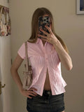 Style Organ Folds Solid Color POLO Collar Short-Sleeved Shirt To Close Short Buckle Umbilical