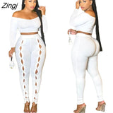 Bodycon Soild Streetwear 2 Two Piece Sets Women Outfits Off Shoulder Long Sleeve Crop Top Pants Suits Matching