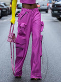 Zingj 2024 New Street Trend Multi-Pocket Pu Design Sense High Waist Slim Straight Pants Women's Loose Cargo