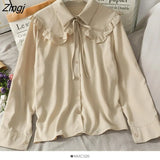 Sweet White Shirt Women Korean Lace Up Peter Pan Collar Blouses Spring Autumn Elegant Office Work Long Sleeve Ladies