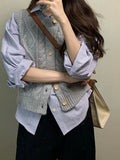 New Temperament Gentle Retro Wool Knitted Vest Women Autumn New Gray Wooden Buckle Sleeveless