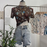 Real Shooting Retro Tie-Dye Double-Layer Mesh Half-High-Neck Short-Sleeved T-Shirt T-Shirt Short-Sleeved T-Shirted Woman