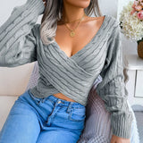 Wind Real Autumn And Winter Sexy Cross V Collar Sesame Long Sleeves Open Umbilly Sweater Women's