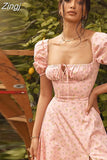 Vintage Summer Elegant Boho Floral Print Slit Maxi Dress Women French Romantic Puff Sleeves Urban Vacation Beach