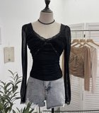 Wind Belt Chest Mat Lace Splicing Mesh Yarn Long-Sleeved T-Shirt Short Slim Top