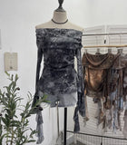 Shot Shoulder Strap Tie Dyed Net Shawl Shirt T-Shirt T-Shirt T-Shirt Design Folded Long-Sleeved T-Shirt