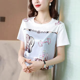 Fashion Women Shirt Silk Blouses for Woman Short Sleeve Shirts Tops Woman White Print Pullover Summer OL Blouse Tops