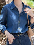 Dark Blue Soft Cowboy Shirt Women In Autumn And Winter Wearing Long-Sleeved Shirts Small