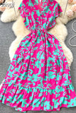 Women Floral Chiffon Midi Dress Vintage V-Neck Ruffle Hem Elegant Single Breasted Vestidos Female Vacation Beach Robe