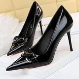 Shoes Metal Button Woman Pumps Patent Leather High Heels Luxurious Sexy Party Shoes Stiletto Heels Ladies Large Size