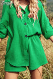 Sleeve Green Suit Shorts and Shirt for Women Summer Suits Trend 2023 Women's Sets Cotton Two Pieces Sets Women White