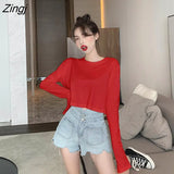 Sleeve T-shirts Women Spring Solid Loose Crop Top Sexy New Trendy Leisure Girls T-shirt Korean Stylish Teens All-match