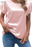 Summer Tops Woman Short Sleeve Silk Blouse Loose Casual O-Neck Solid Shirts Fashion Satin Clothing Elegant