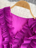 Vintage Women Pleated Long Dress Red/Purple/Yellow V-Neck Ruffle Puff Sleeve Draped A-Line Vestidos Female New
