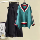 Women Winter Patchwork Long Sleeve Knitted Tops + Asymmetric Skirt 2 Piece Suit Female Party Elegant Two Piece Set 211-0-Outfit