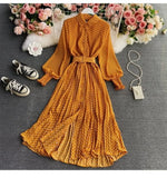 Shirt Collar Wave Dot Dress Spring And Autumn New Gentle Wind Temperament To Close The Waist Of The Big Folded Fork