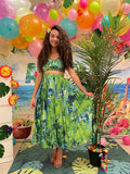 Vacation Beach 2pcs Set Women Floral Printed Short Strapless Tops And High Waist Pleated Long Skirt Suit Spring