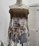 Shot Shoulder Cross Hanging Neck Knitting Mesh Yarn Coat Irregular Ribbon Horn Long-Sleeved T-Shirt