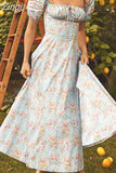 Women Maxi Dress Floral Print Long Dress Summer Puff Sleeve Ruffles Casual Elegant Holiday Party